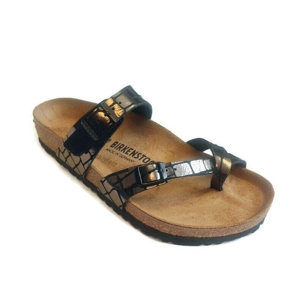 Birkenstock Mayari Sandals EU 38 Mens 5 - 5.5 Womens 7 - 7.5 Black Gator Gleam